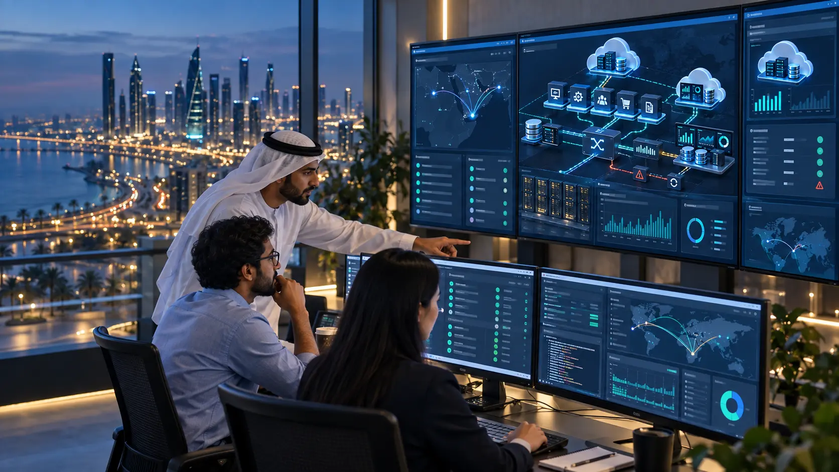 Cloud and on-premise systems connected through governed integration and recovery paths, with people at work in the frame