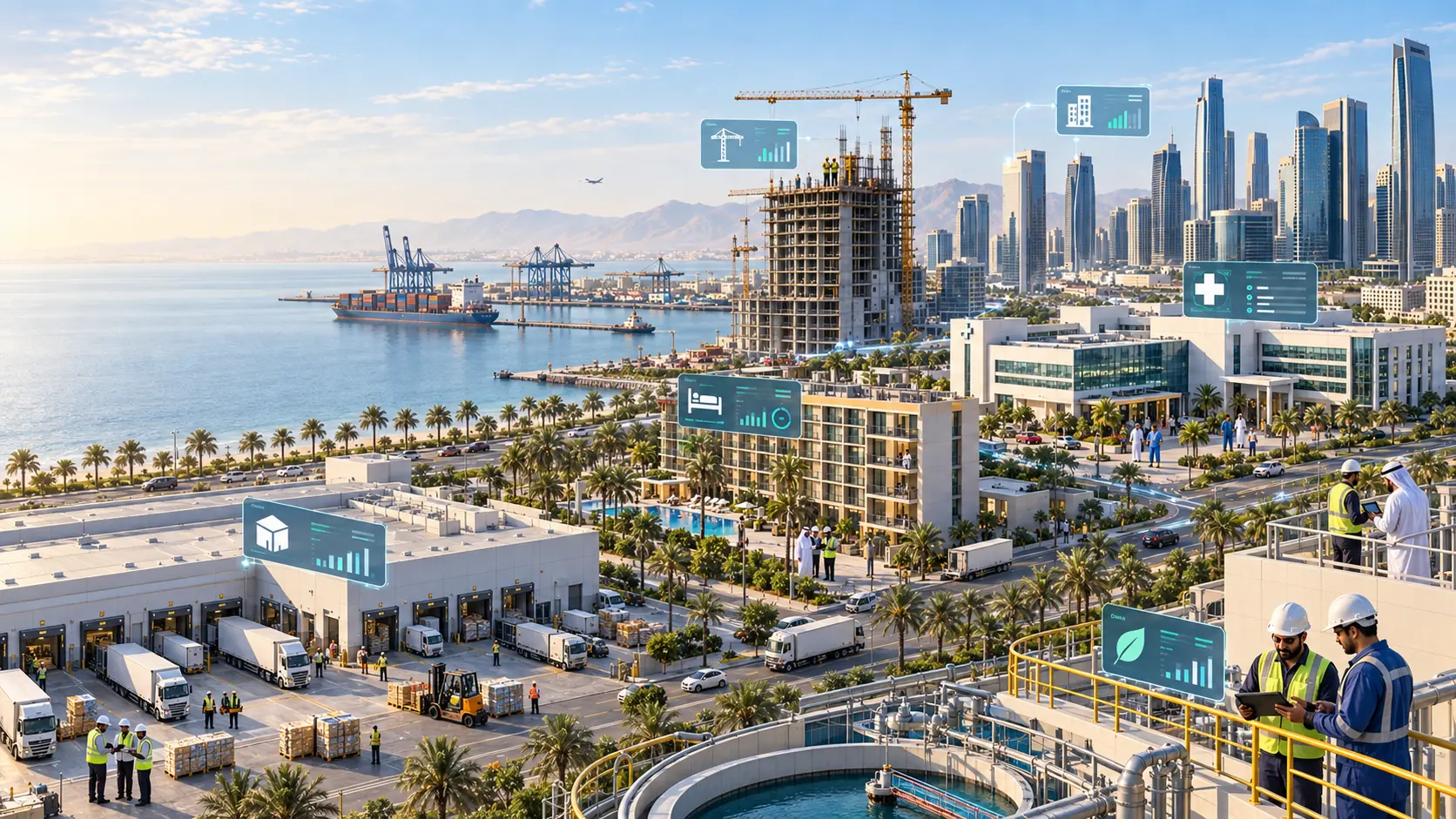 Connected construction, healthcare, hospitality and commercial operations across a Gulf city, with people at work in the frame