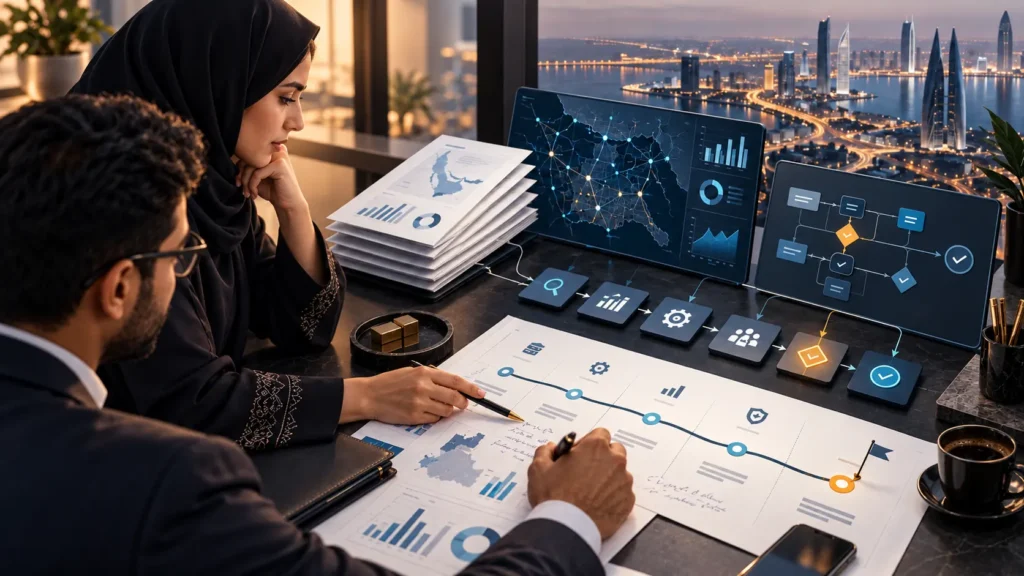 Operational data, process maps and evidence converging into a technology roadmap, with people at work in the frame