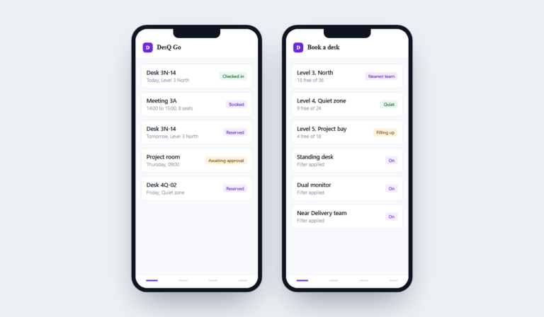 Two DesQ Go phone screens: today's bookings with check in state, and desk search filtered by standing desk, dual monitor and proximity to a team.