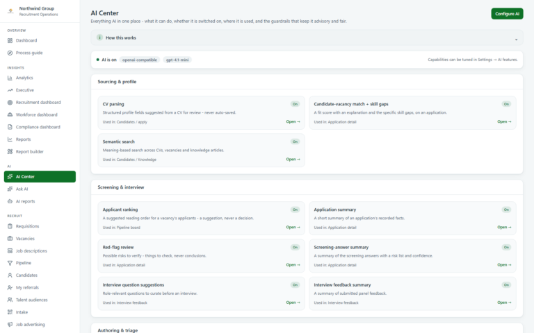 Every AI capability in Rovix in one screen, grouped by sourcing, screening, authoring, insight and assistant, with the triage policy, the guardrails that keep it advisory, and an audited log of every call.