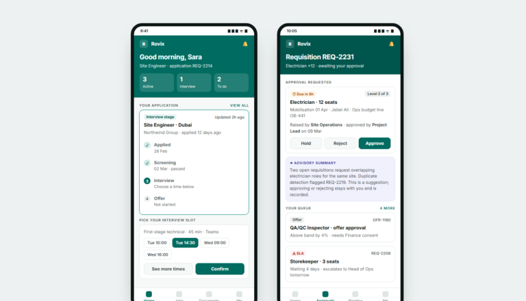 Two Rovix phone screens: a candidate tracking their application and choosing an interview slot, and a manager approving a requisition with an advisory summary attached.
