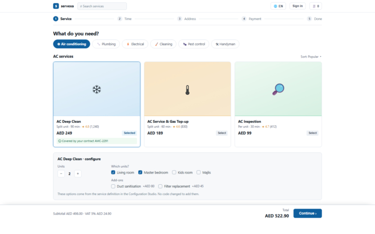 The customer booking flow: a service catalogue with prices and durations, contract cover shown before payment, and the options for the chosen service drawn from its configuration.